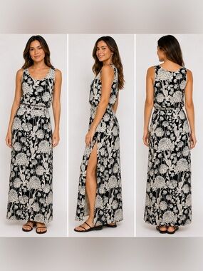 Banana Republic Black White Floral Sleeveless Maxi Dress XS